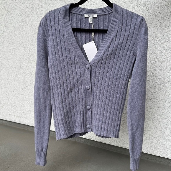 Splendid Cardigan Sweater Ribbed Knit Button Front Long Sleeve Lilac‎ S NWT - Picture 1 of 7